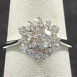 Moissanite Halo Solitaire Sterling Silver Ring